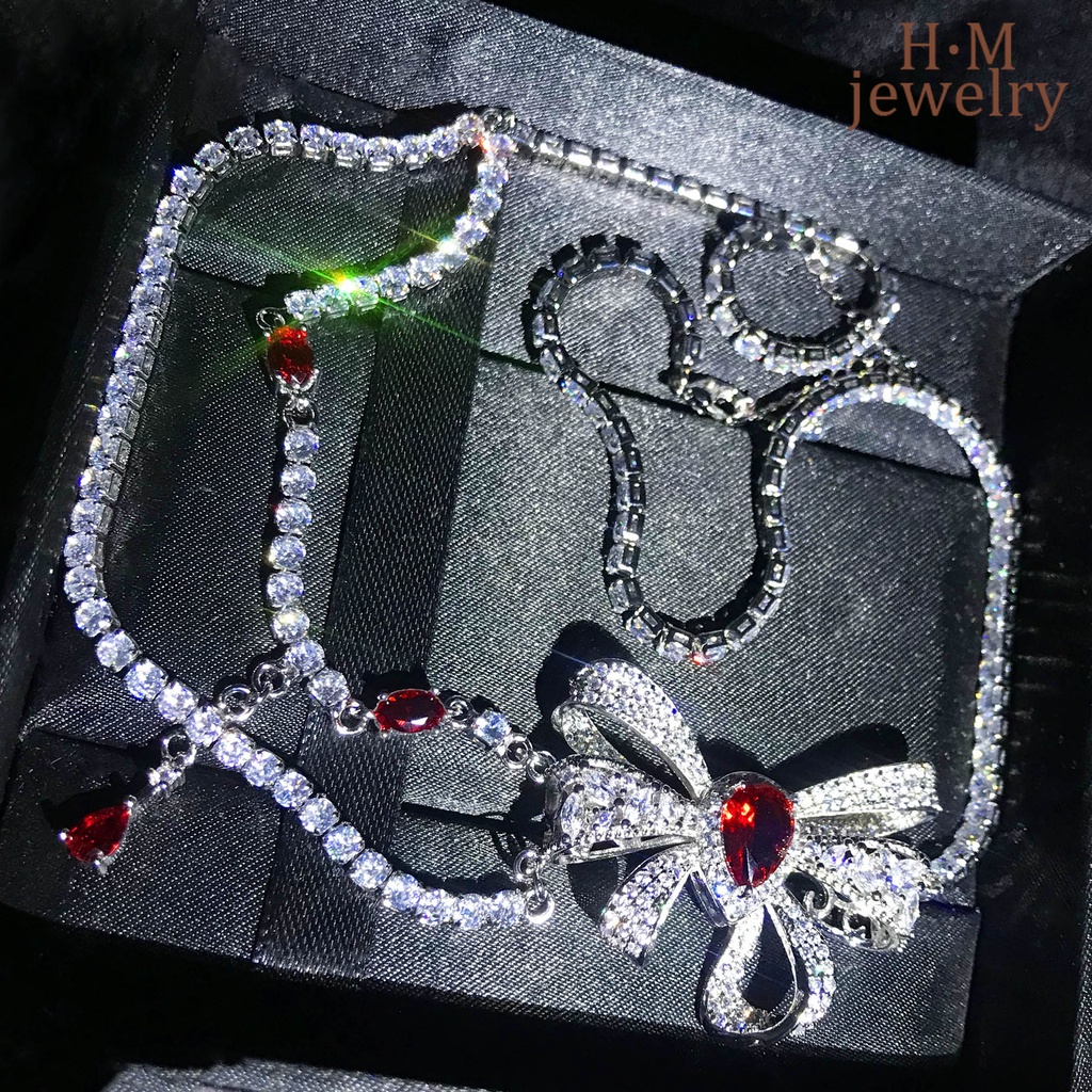 Kalung Rantai Silver S925 Wanita Liontin Pita Kupukupu Hias Berlian Merah Butterfly