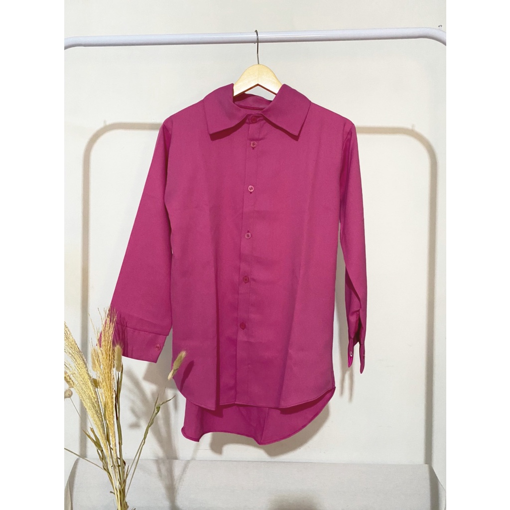 Kemeja Fairy Tale Wanita Atasan Kasual Basic Polos Lengan Panjang Trendy - Blouse Casual Wanita Warna Cerah - Kemeja Pink Fanta