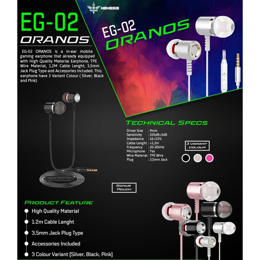 Earphone Gaming NYK Nemesis EG02 EG-02 Oranos Original