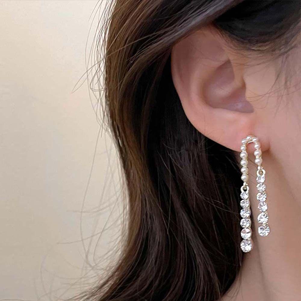 Mxbeauty Menjuntai Anting Trendi Elegan Mengkilap Mutiara Panjang Gadis Hadiah Geometris Zirkon Anting Korea