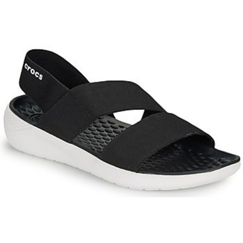 SANDAL CROCS LITERIDE STRETCH STRAP WOMEN / CROCS LITERIDE STRAPY SLIP ON SANDALS-BlackWhite