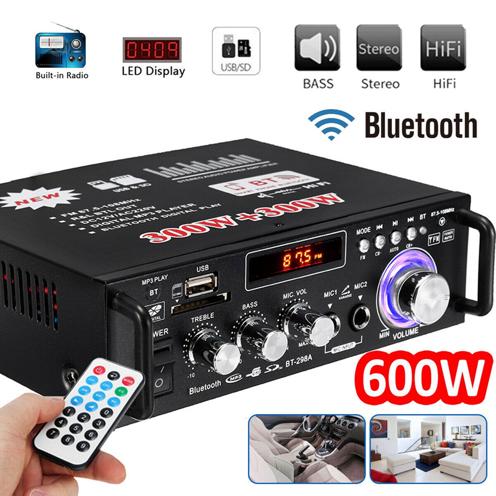600W   BT-298A Power Ampli Amplifier Bluetooth Karaoke Home Theater FM Radio