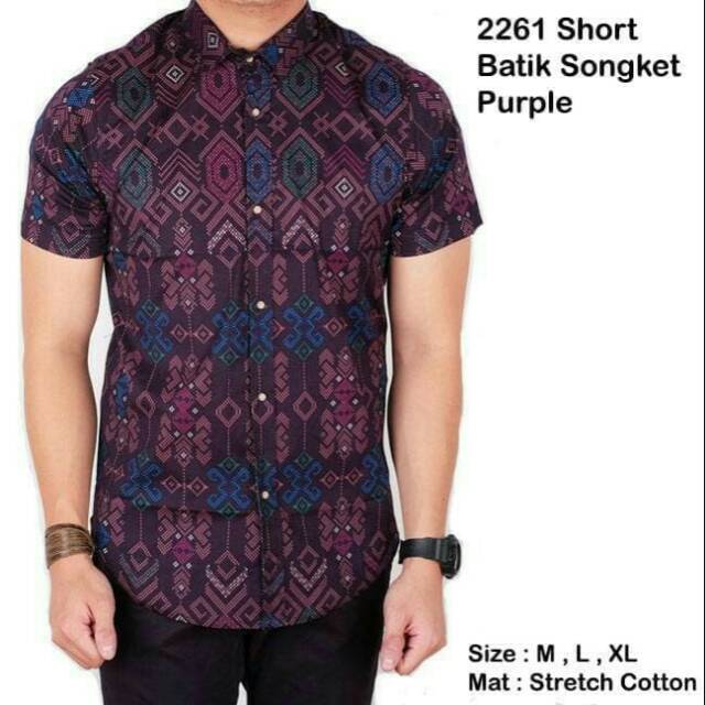 Kemeja Pria Batik Songket Classic Lengan Pendek Hitam - Ungu, M