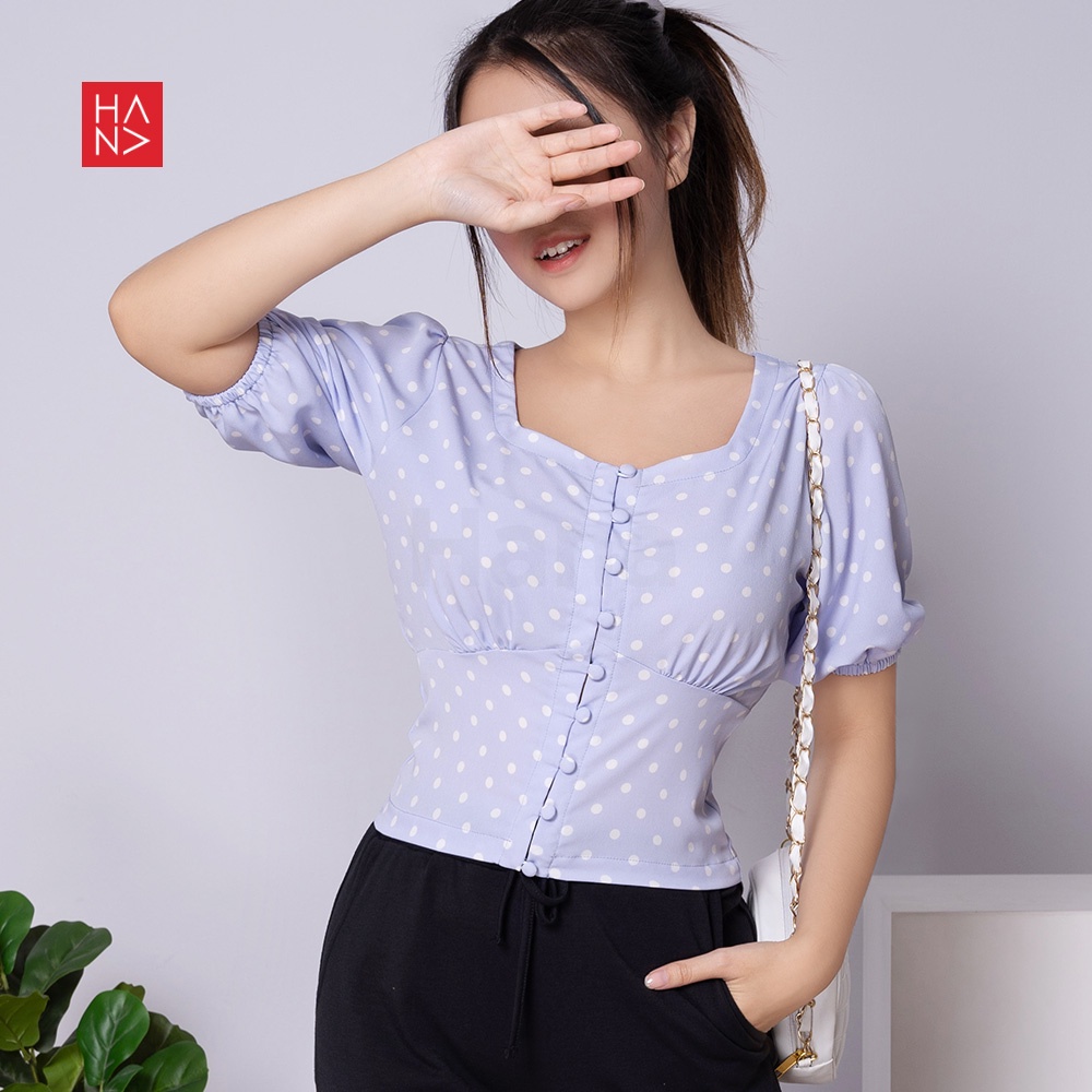 Hana Fashion - Clara Polka Puff Sleeve Blouse Atasan Wanita Gaya Korea - SB203