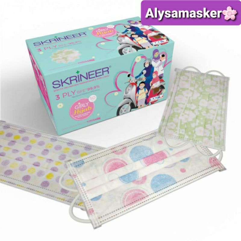 Masker Medis 3ply 50pcs Skrineer Hijab Motif izin Kemenkes