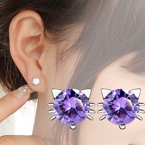 Hu Hu Hu Hu Hu Alat Bantu Pasang Kacamata♡ Anting Tusuk Sterling Silver 925 Desain Telinga Kucing Hias Zircon Berkilau Untuk Wanita