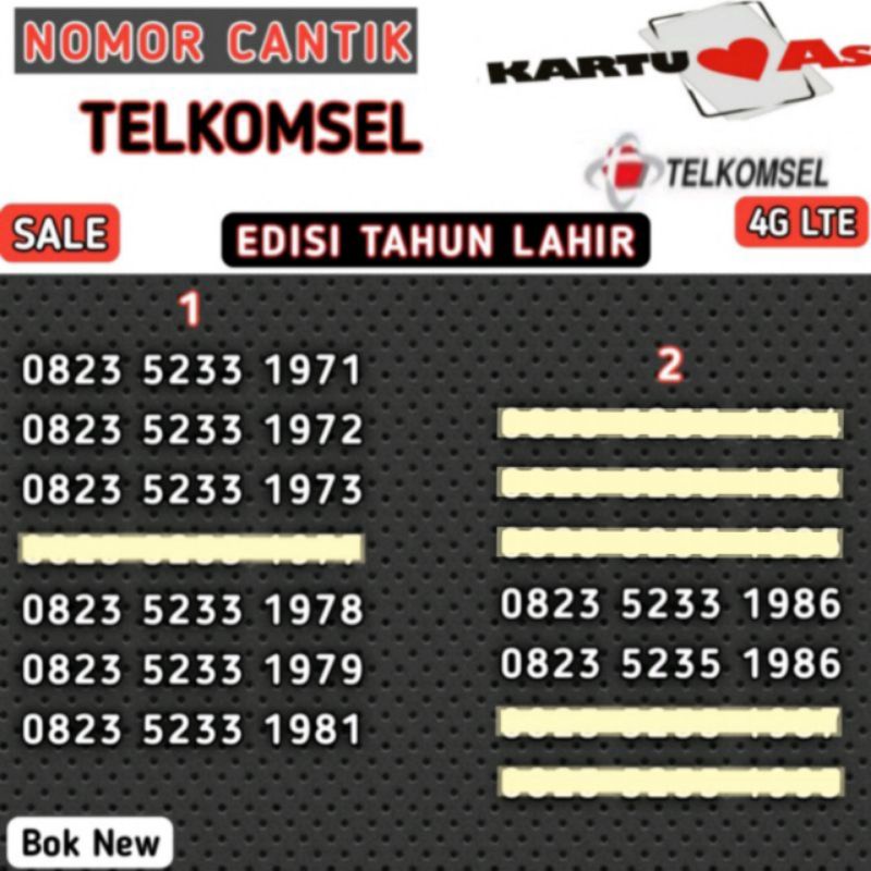 Nomor Cantik Kartu Perdana Telkomsel AS 4G LTE (Seri Tahun Lahir) 0823