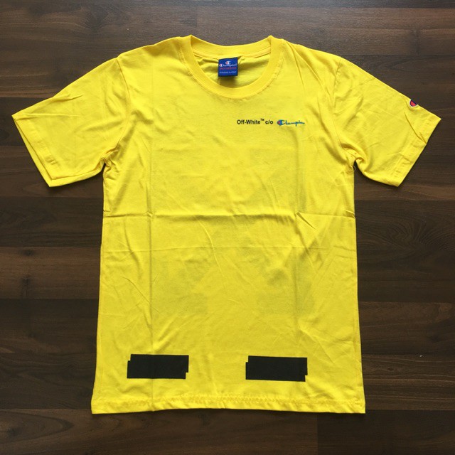 KAOS OFF WHITE X CHAMPION LOGO BORDIR KUNING PREMIUM SKD KAOS OBRAL LAKI KS