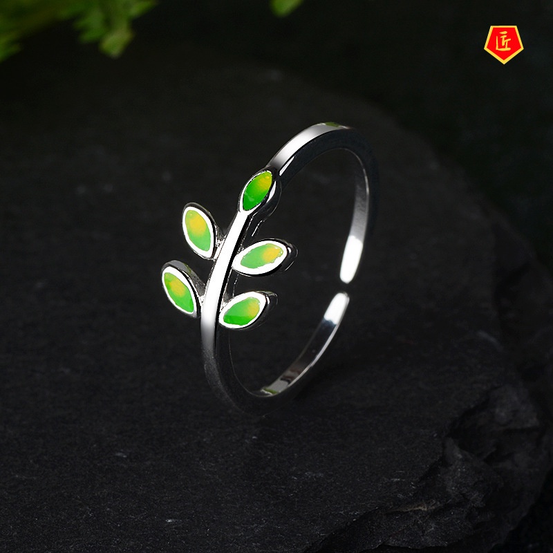 [Ready Stock]S925 Silver Green Leaves Ring Female Personality Simple