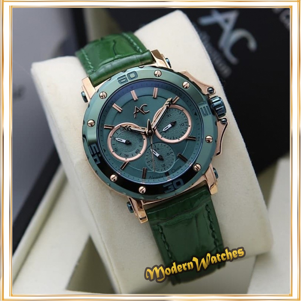 Jam Tangan Ori Wanita Alexandre Christie AC 9205 Tali Kulit Asli Green Hijau Rosegold Terlaris Baru