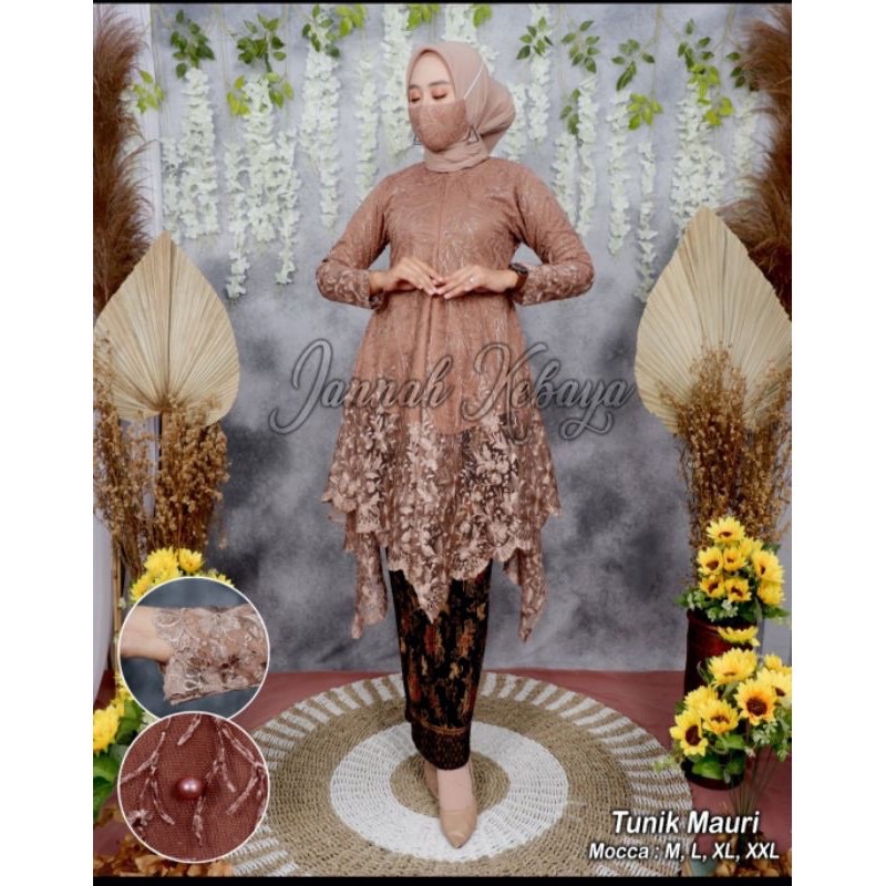 Kebaya Tunik Modern Tile Panjang Muslimah / Kebaya Pesta  Kondangan Wisuda Muslimah / Kebaya Set-Mocca