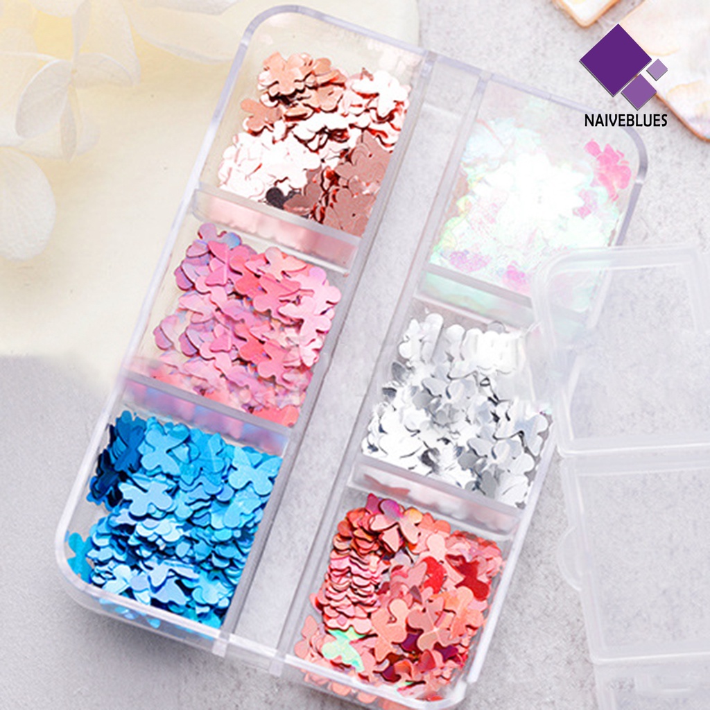 Naiveblue &gt; 6 Sekat / Kotak Sequin / Payet Bentuk Kupu-Kupu Untuk Dekorasi Nail Art Butterfly