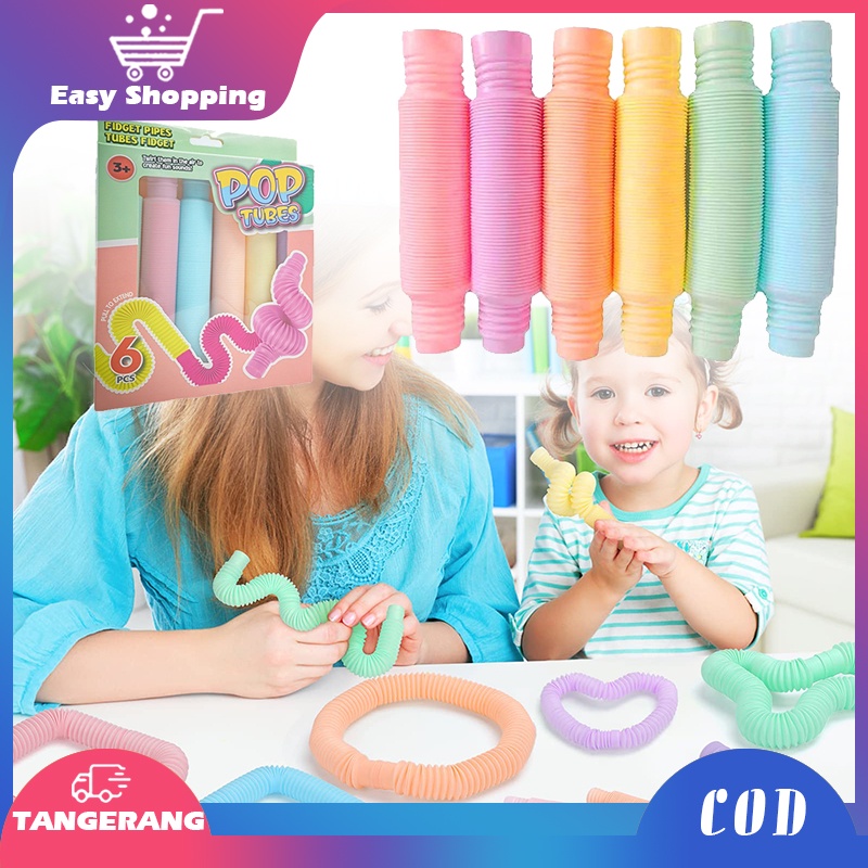 6pcs/set Mainan Tabung Pop Warna Permen Macaron Selang Mainan Pop Tube Untuk Pereda Stress Anak