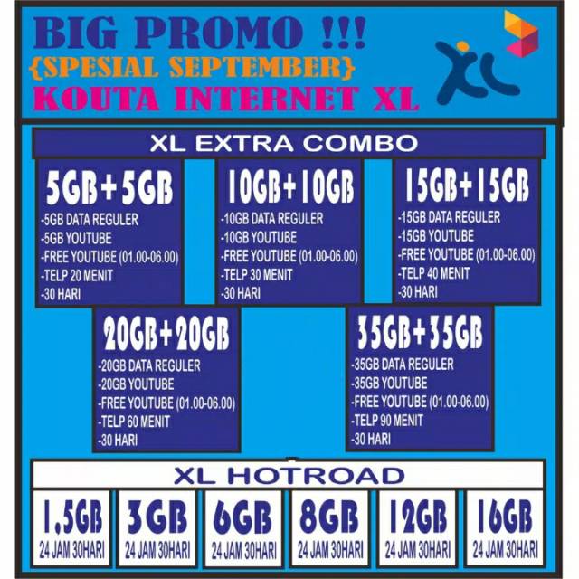 ISI ULANG PAKET XL XTRA COMBO REGULER 10GB 20GB 30GB 40GB 70GB MENAMBAH MASA AKTIF FREE YOUTUBE