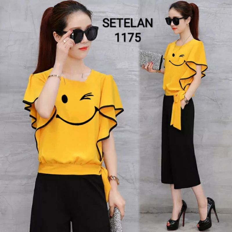 COD SETELAN 1175 SET KULOT BORDIR SMILE GAYA WANITA KOREA