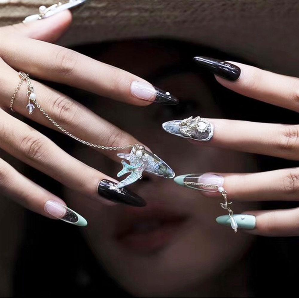 Needway Perhiasan Kuku Keperakan Logam Glitter DIY Payet Mewah Zirkon Fashion Rantai