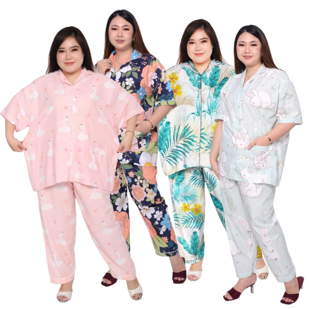 Piyama jumbo wanita dewasa celana panjang lengan pendek set baju tidur big size ld 120