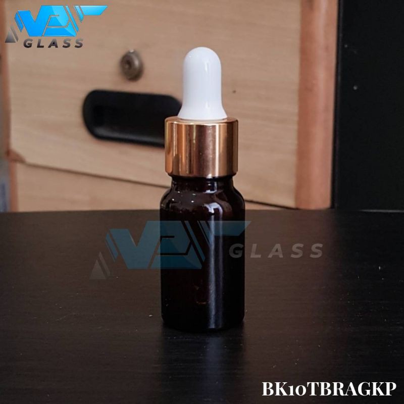 botol kaca pipet 10ml tebal coklat / amber - ring almunium gold