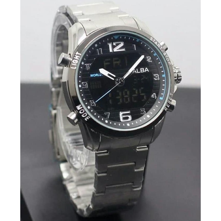 promo | diskon | sale Jam Tangan Pria / Cowok Alba Dual Time SK801 Rantai Black Blue terbaik |