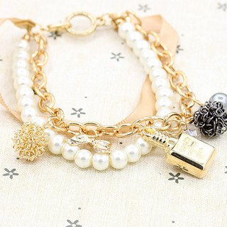  Gelang  3  Layer  Gold Pita Mutiara Kristal Putih Botol 