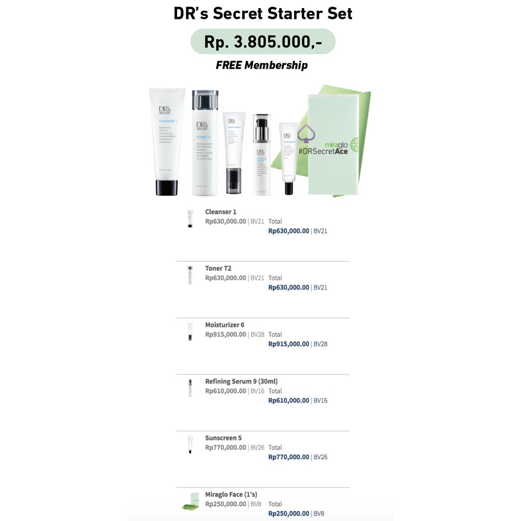 DR's Secret Skincare Paket 1,T2,6,9,5 Miraglo Free Membership