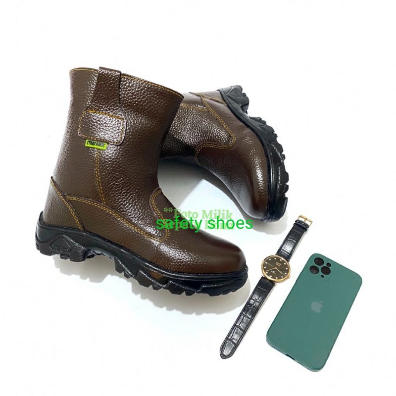 Sepatu Safety Boots Proyek Kulit Sapi Asli kerja Lapangan Septi ujung Besi Murah Unisex