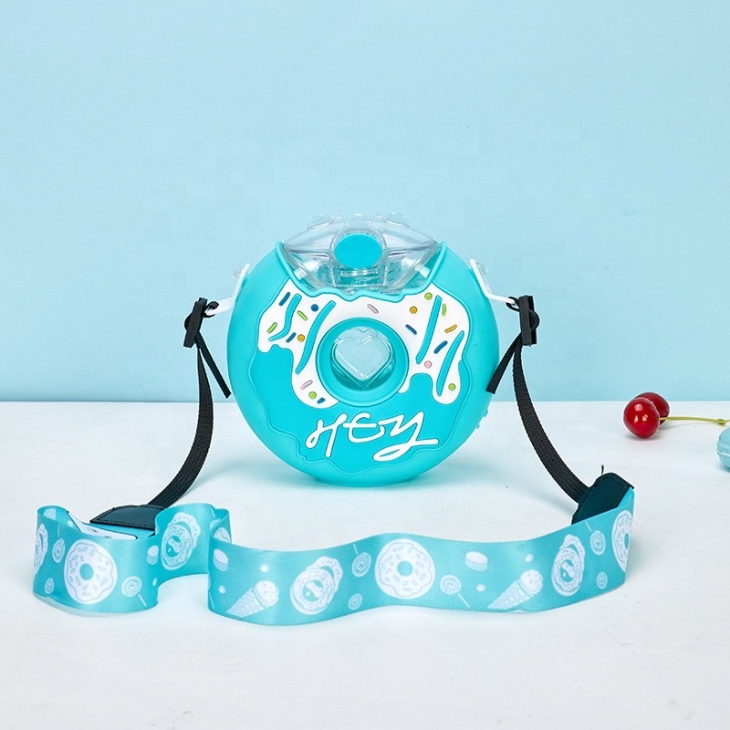 Botol Air Minum Anak TK SD Unik Bentuk Donat Portable Dengan Sedotan dan Tali Anak Cewek Perempuan-Light Blue