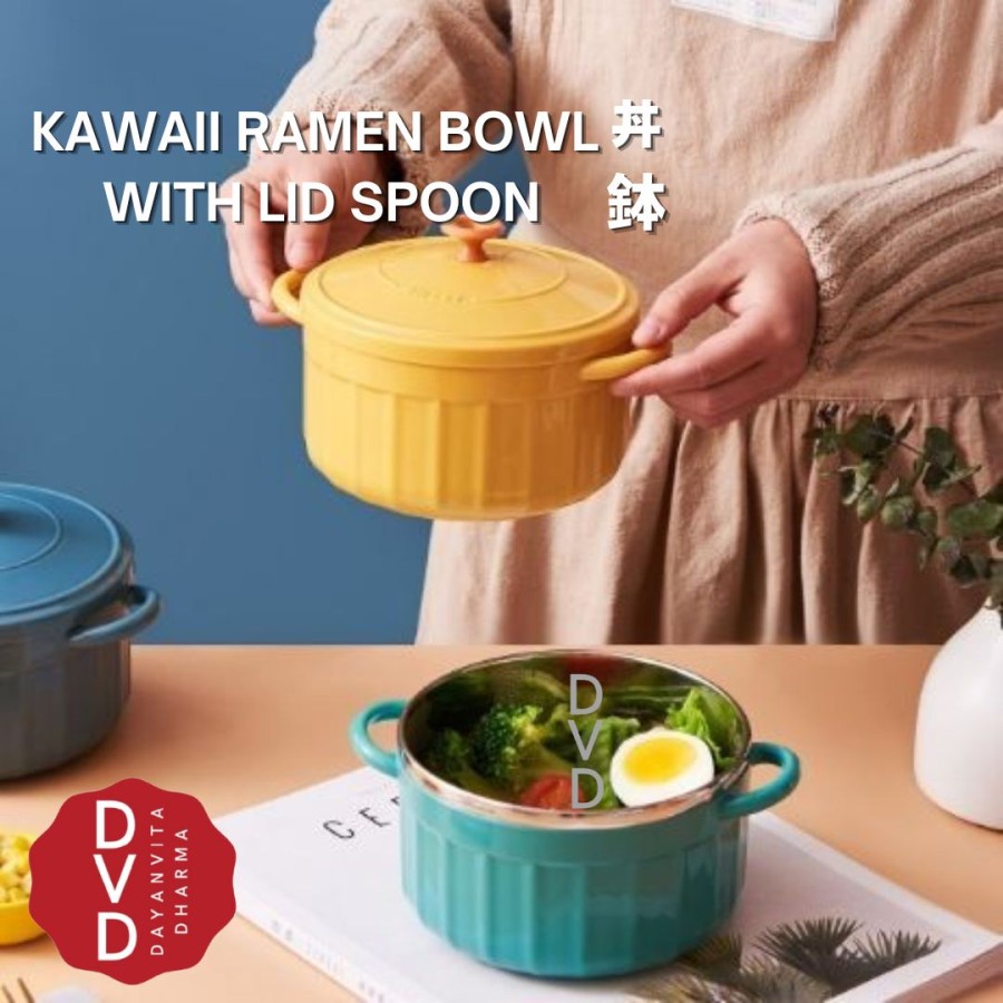 KAWAII RAMEN BOWL WITH LID SPOON - MANGKOK STAINLESS DENGAN PEGANGAN