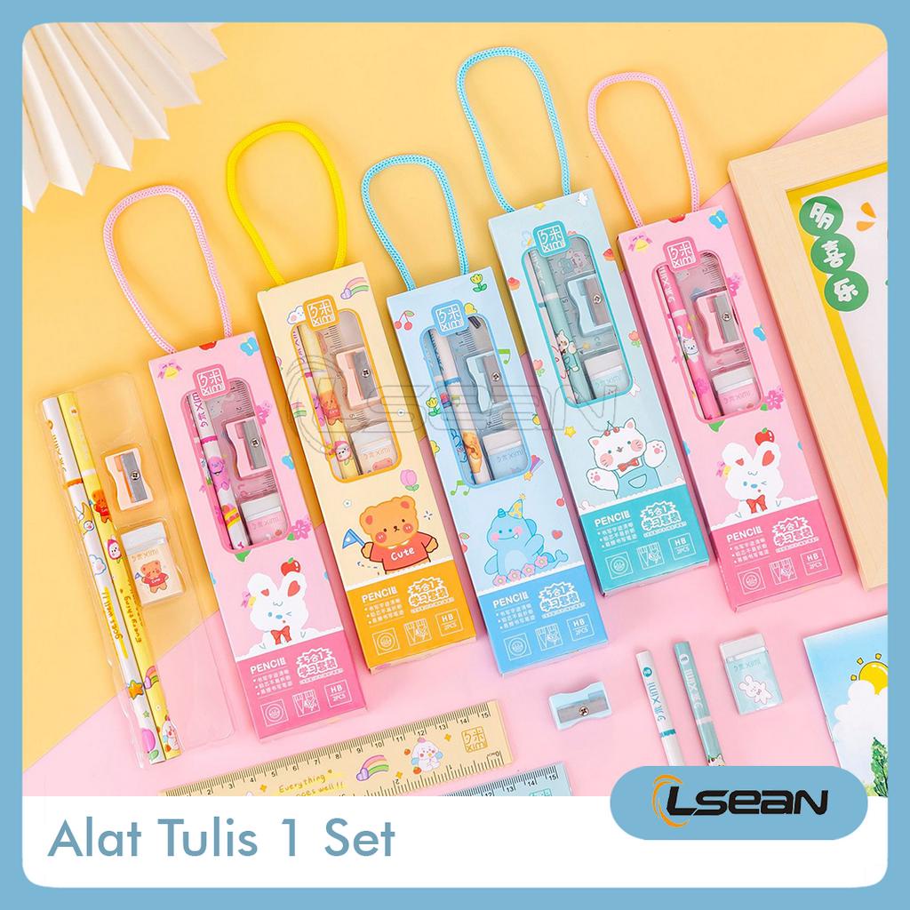 Stationery Set Alat Tulis Sekolah 5 in 1 Lengkap Pensil Penggaris Penghapus Rautan Lucu