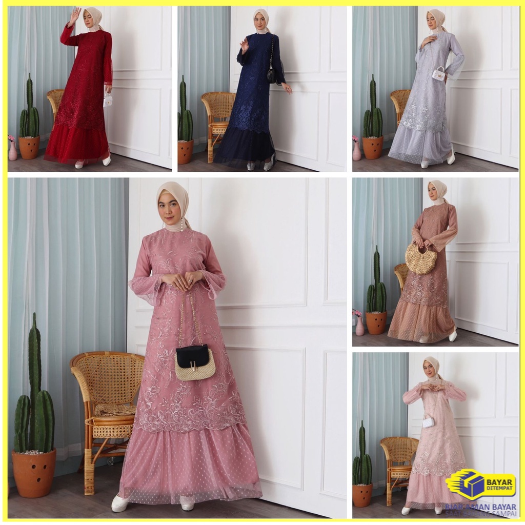 Baju Gamis Maxi Long Dress Dres Brokat Brukat Wanita Muslim Size L - XL Mewah Pesta Kondangan Terbar