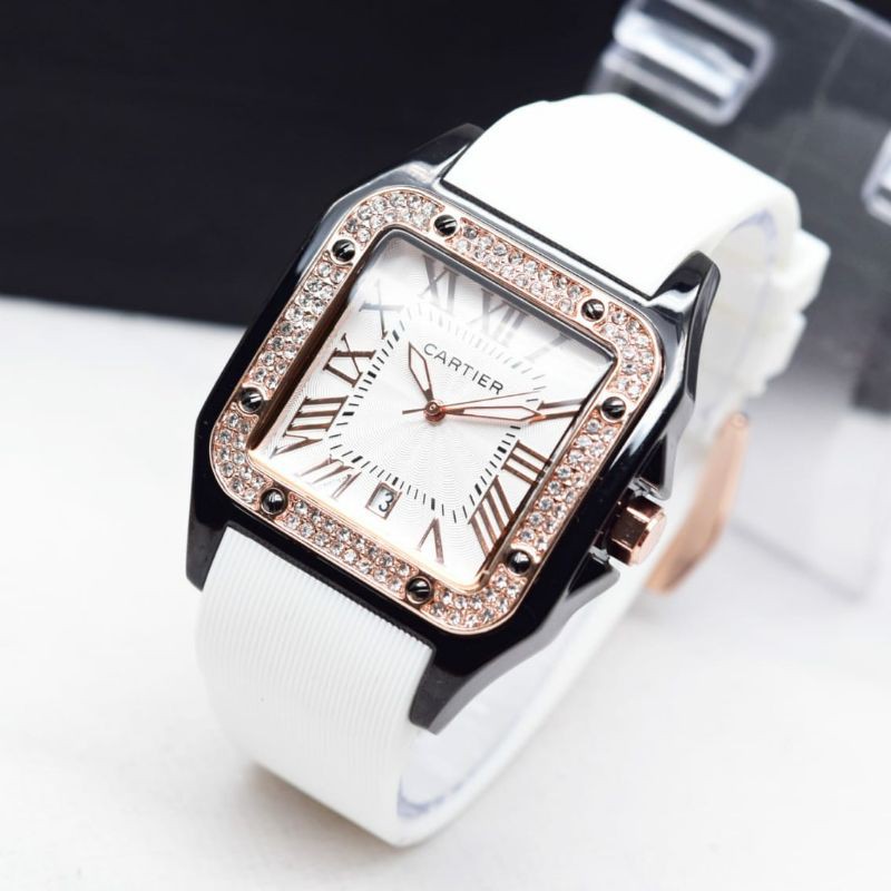 jam tangan wanita  Cartier body hitam diamond rubber tgl aktif DM3.5cm