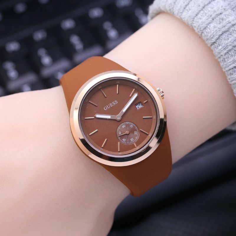 Jam Tangan Cewek Rubber Fitur Tanggal Detik Bawah Berfungsi Murah Bergaransi-Coklat