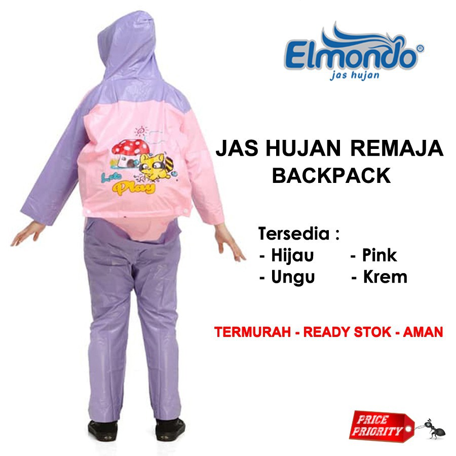 Jas Hujan Anak Perempuan Laki Laki Umur 7-10 Tahun Merk Elmondo Backpack, Setelan Jas Hujan Anak Dengan Tempat Ransel.