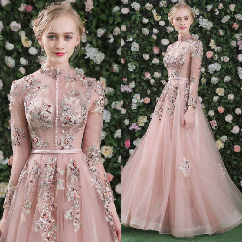 Realpic G717 Bisa Custom XS-3XL Hijab Gaun mewah impor gaun bridal gaun pesta gaun pink lengan panja