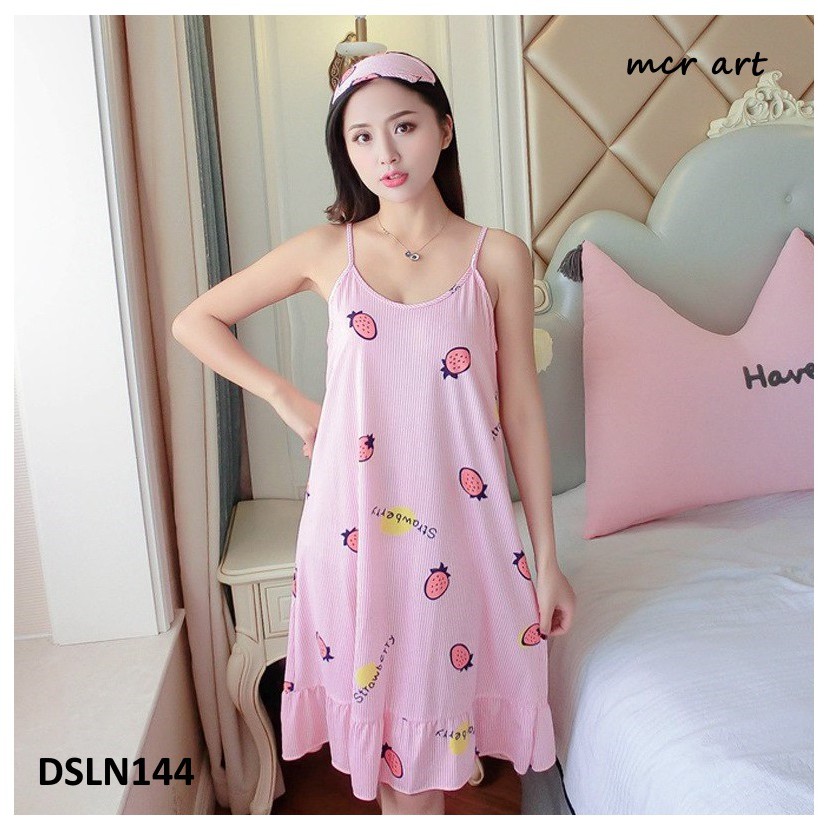 Baju Tidur Dress Tanktop Strawberry Salur Pink - DSLN144