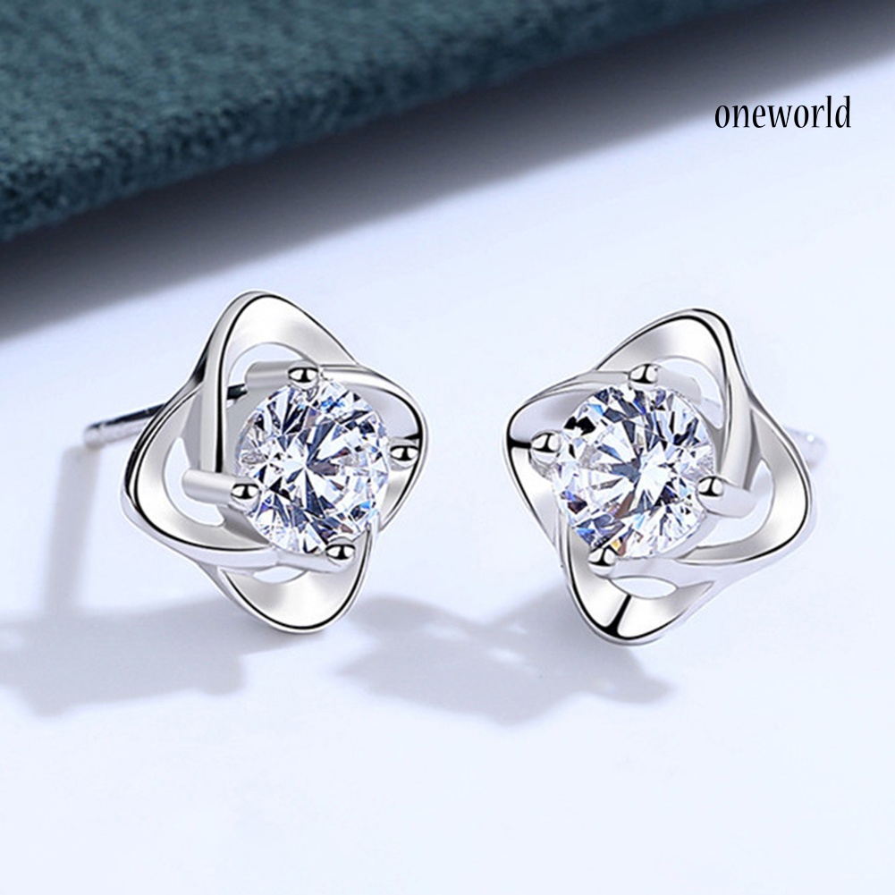 OW# Rhinestone Inlaid 4-Leaf Ear Stud Earrings Women Girl Jewelry Valentine Day Gift