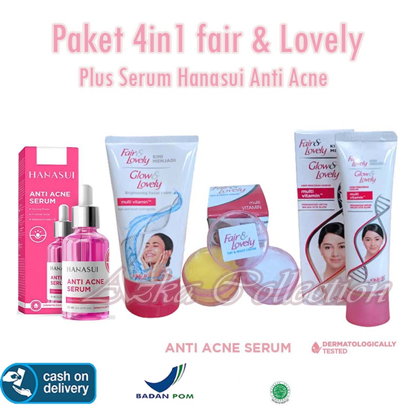 Paket Lengkap Fair &amp; Lovely - Facial Foam 50g + Cream Day &amp; Night Cream + Pelembab Plus Serum Hanasui anti Acne Original BPOM