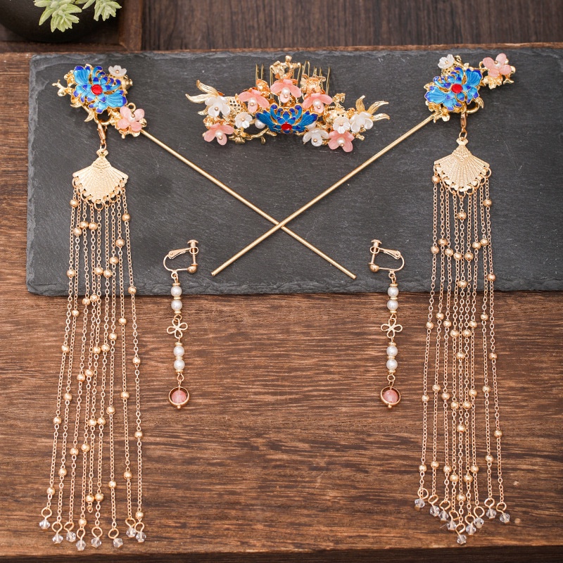 Bridal Headwear Set Hairpin Earrings Hanfu Hairpin Women's Hairpin Flower Tassel Chinese Crystal Hair Comb/Multi Color