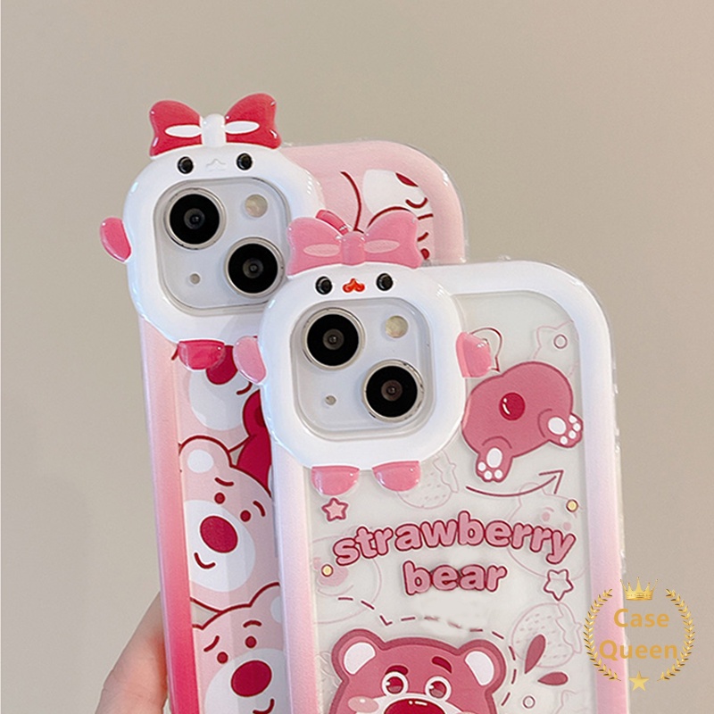 3d Bow-knot Kotak Lensa Monster Oppo A17 A15 A55 A57 2022 A16 A5 A9 2020 A54 A31 A16s A17KA11 Kartun Strawberry Bear Manyo Glossy Lembut TPU Penutup Belakang