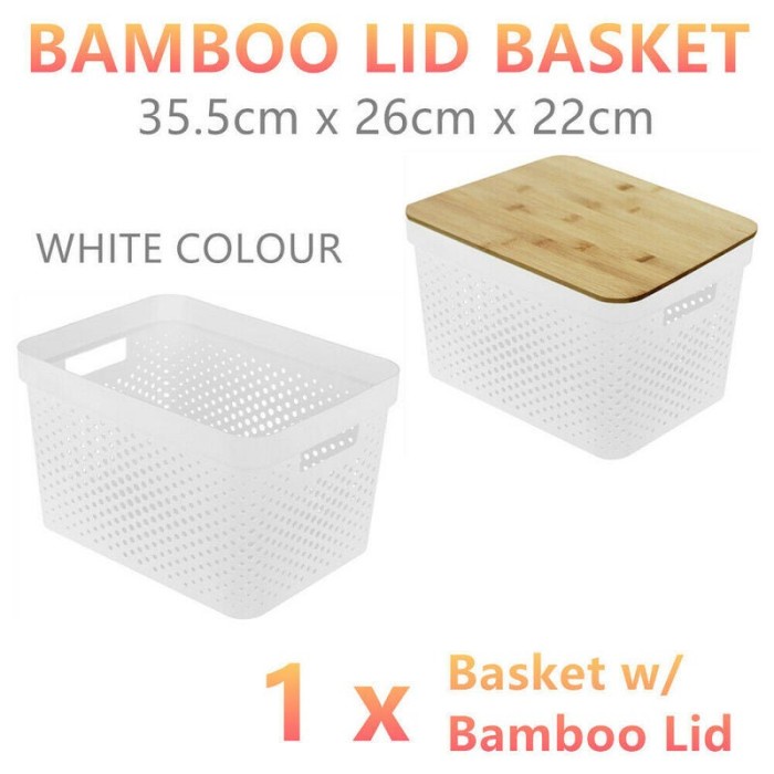 storage box kotak penyimpanan organizer box putih dengan tutup kayu - small