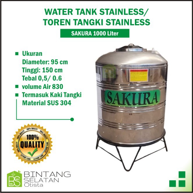 WATER TANK STAINLESS TOREN TANGKI STAINLESS PAKAI KAKI SAKURA 1000 L