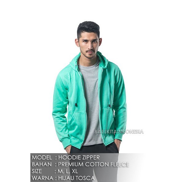 Jaket Hoodie Zipper Hijau Tosca  Pria Polos /M-L-XL