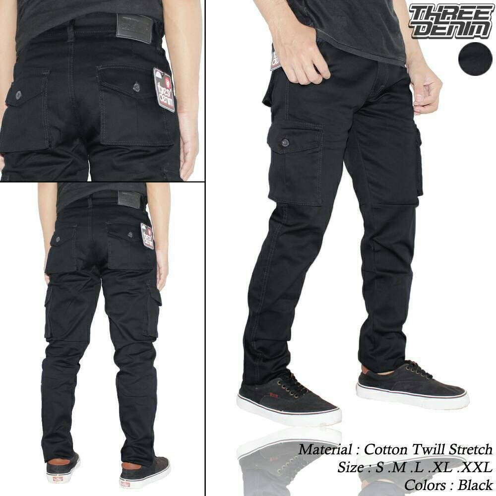 Three Denim Celana  Cargo  Panjang  Pria Hitam Big  Size  XXL 