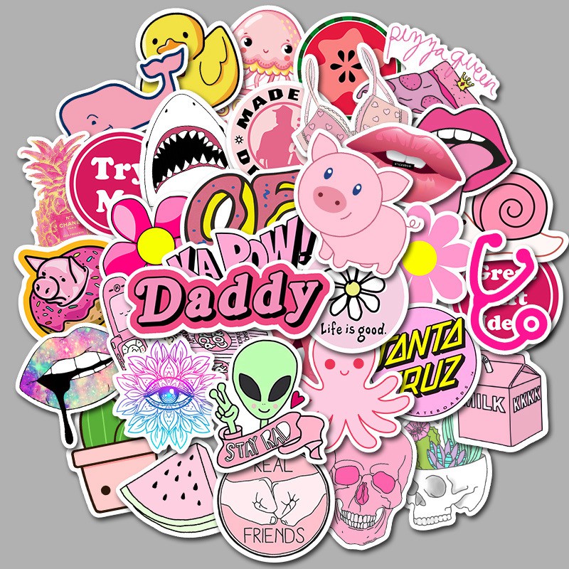 

50pcs / Set Stiker Decal Motif Kartun Anak Perempuan Kawaii Anti Air Untuk Dekorasi Koper / Mobil / Laptop