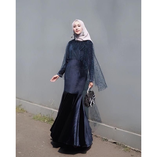 Chiobushop - Wanda Dress Bludru Gamis Brokat Kombinasi Polos Model Mermaid