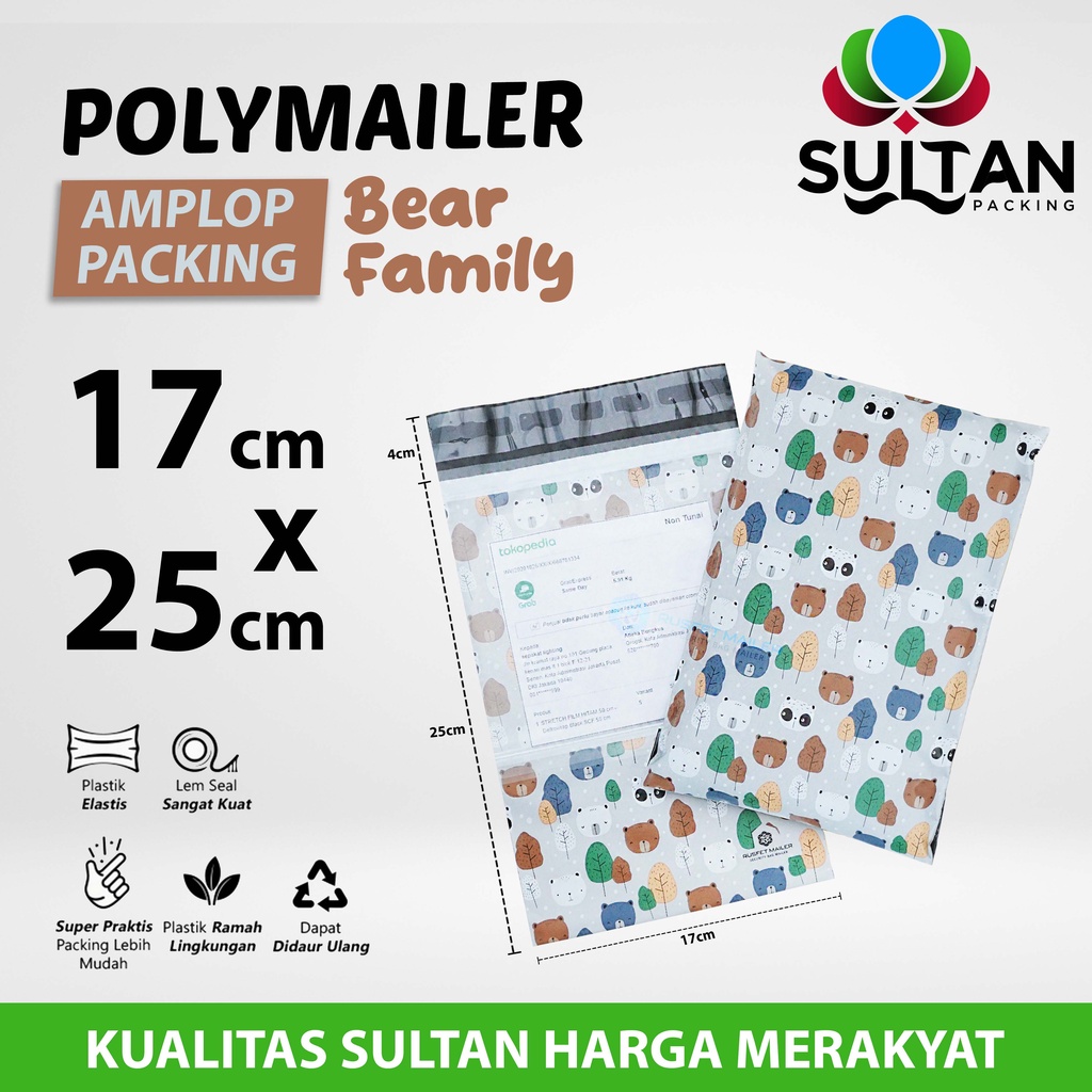 

Polymailer Polimailer 17cm x 25cm Amplop Plastik Packing Rusfet Motif Bear Family Premium Satuan