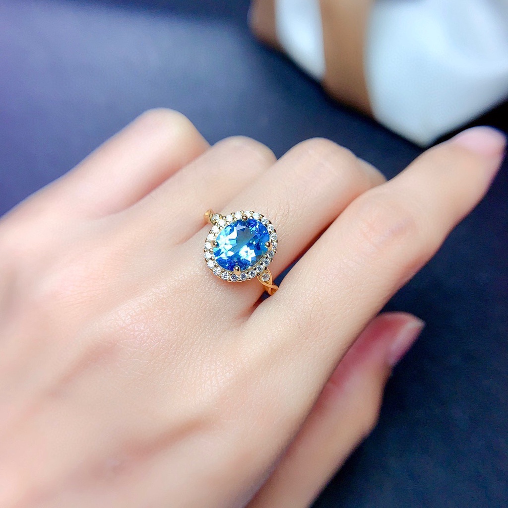 Cincin Batu Permata Biru Berlapis Emas Perak 925 Wanita