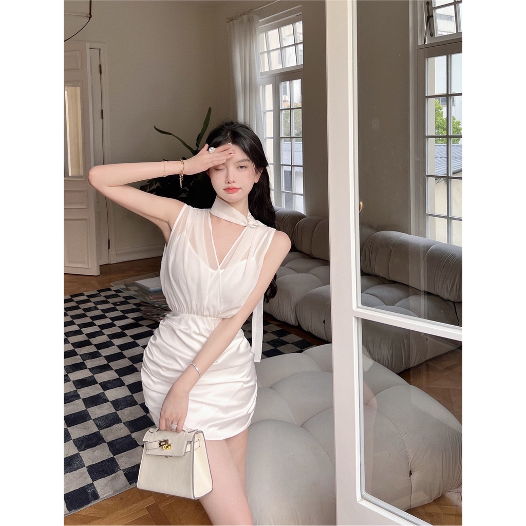 suhao_shop Mini Dress Hepburn Style White Mesh Satin Tanpa Lengan Gaun Wanita Musim Panas Murni Keinginan Gadis