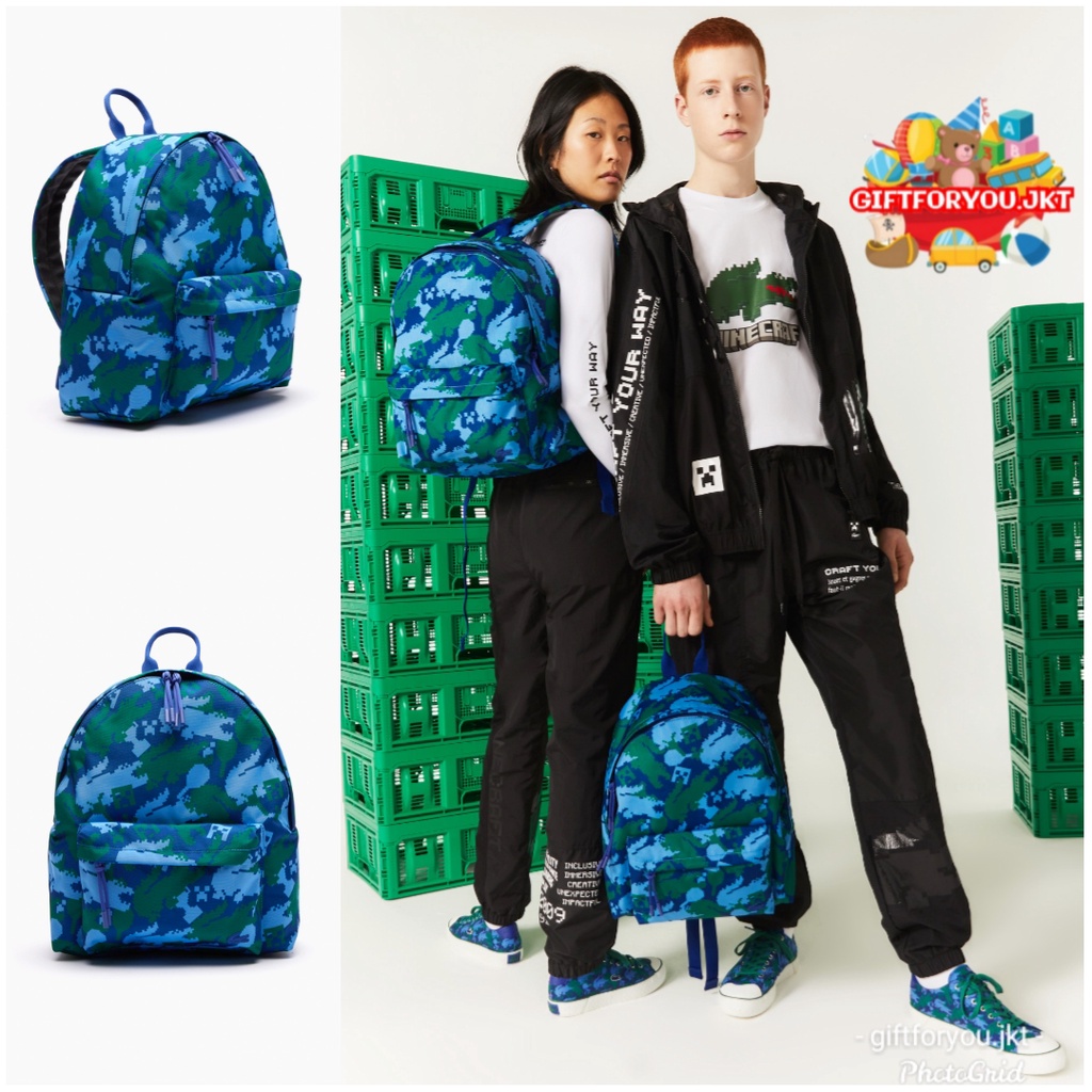 Unisex Lacoste Minecraft Print Canvas Backpack Tas Ransel Bag Pria Wanita Collection Koleksi Gift Or