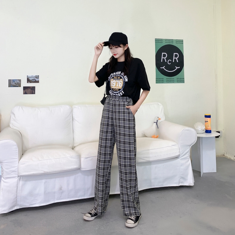 MOOGU ♡ Celana baggy wanita korea long pants tipis kotak celana